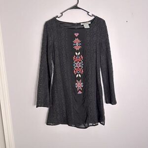 Flying Tomato Aztec Southwest Embroidered Dress M Black Crochet Boho Bell